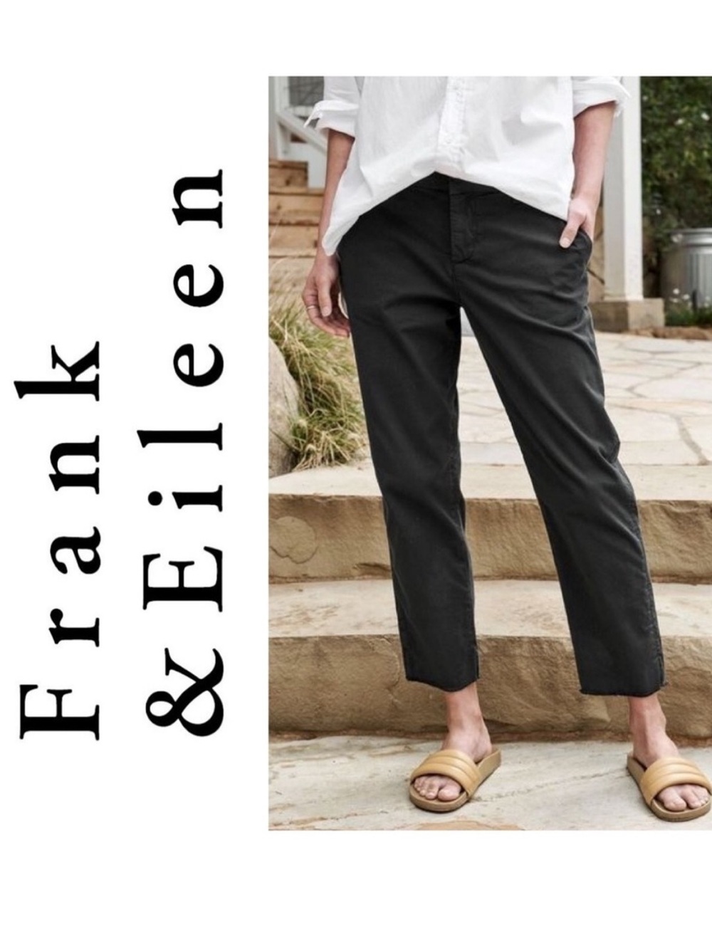 Frank & Eileen Wicklow Chino Pant Raw Hem Washed Black Size 8 Summer Casual